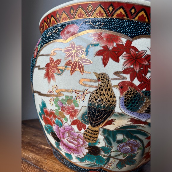 Vintage Chinoiserie Large Porcelain Koi Fish Planter Bowl Cachepot - Picture 11 of 12